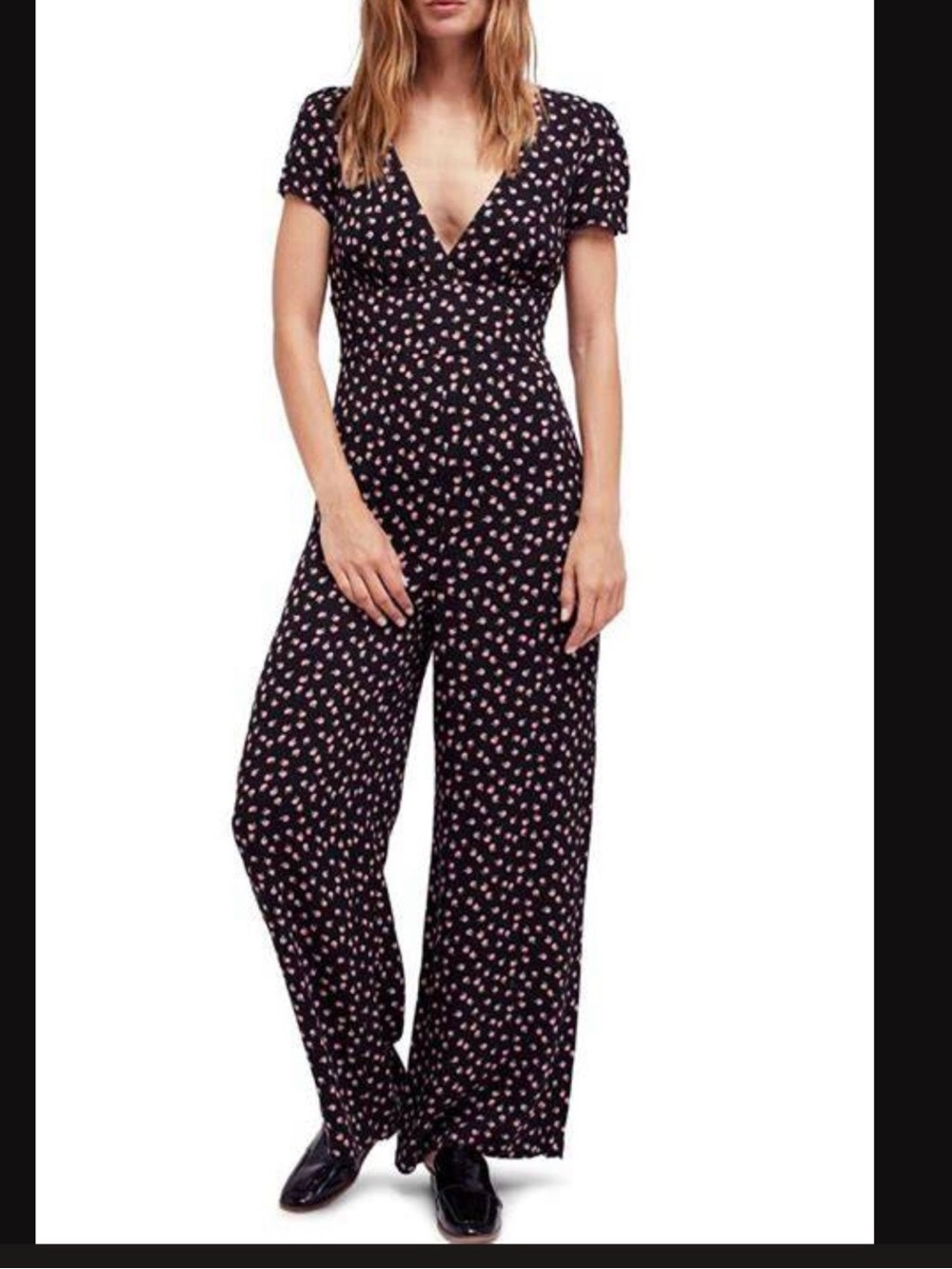 Free People Black Floral Short-Sleeve Wide-Leg Jumpsuit